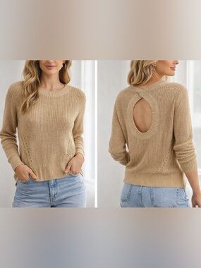 Open Knit Sweater Keyhole Back Neutral Tan Boho Minimalist Top Size Medium